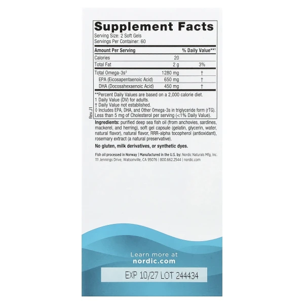 Nordic Naturals, Ultimate Omega, омега кислоти, з лимонним смаком, 1280 мг, 120 капсул (640 мг у капсулі)