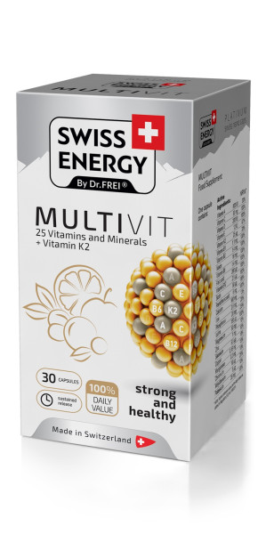 Мультивітаміни з вітаміном К2, MULTIVIT 25 Vitamins and Minerals+Vitamin K2, Swiss Energy, 25 вітамінів та мінералів, 30 капсул