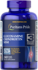 Глюкозамін хондроїтин і МСМ, Glucosamine, Chondroitin &amp; MSM -3 Per Day Formula, Puritan's Pride, 240 каплет