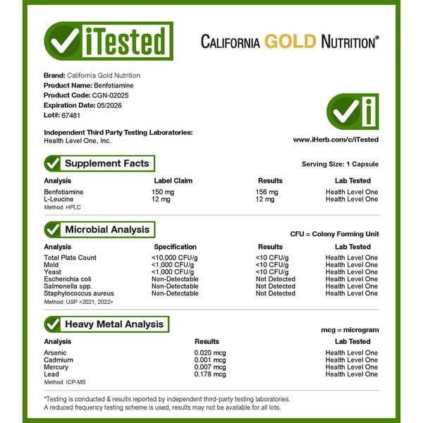 Бенфотиамин с L-лейцином 150 мг California Gold Nutrition (Benfotiamine with L-Leucine) 90 растительных капсул