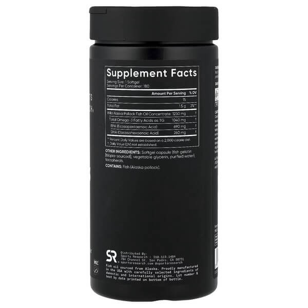 Рыбий жир Омега-3 тройной силы Sports Research (Alaska Omega-3 Fish Oil Triple Strength) 180 жидких капсул