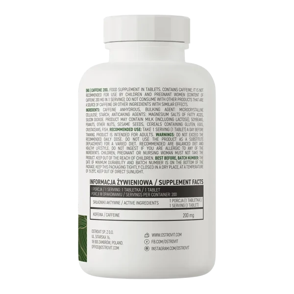 Кофеїн Ostrovit 200 мг Веге Caffeine 200 mg Vegan 200 таблеток