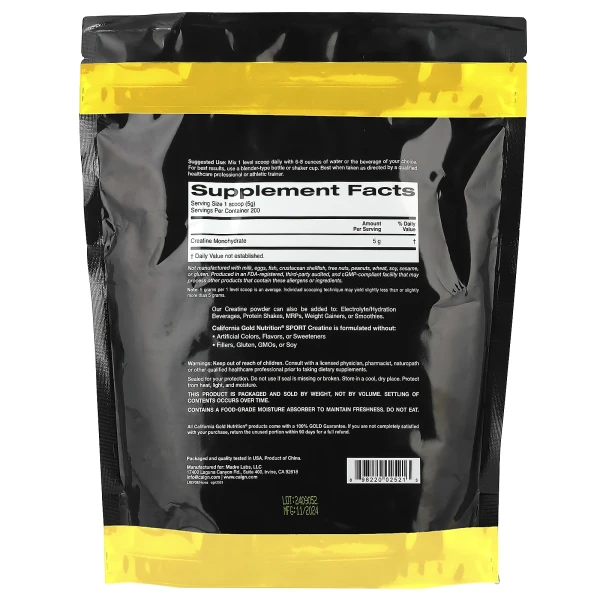 Моногидрат креатина California Gold Nutrition (Sport Creatine Monohydrate) 1 кг с нейтральным вкусом