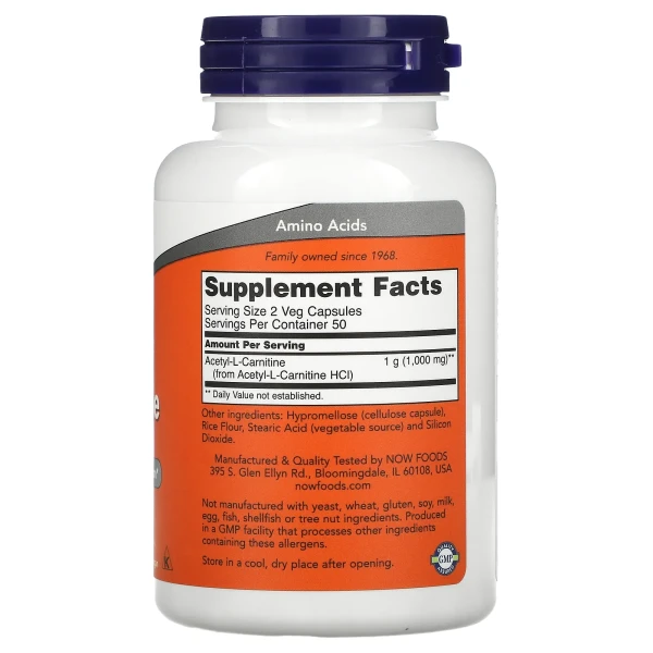 Ацетил-L-карнітин NOW Foods (Acetyl-L-Carnitine) 500 мг 100 вегетаріанських капсул