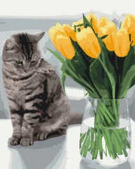 Премиум картина по номерам Котик с тюльпанами Brushme 40x50
