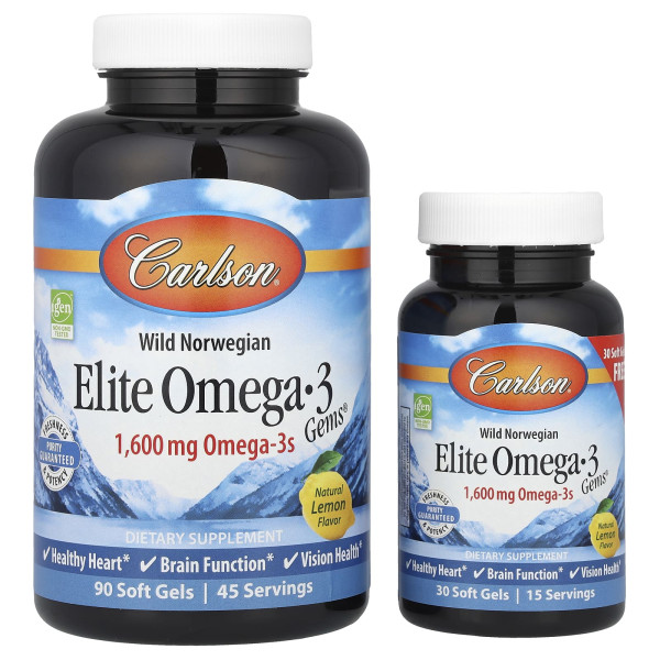 Риб'ячий жир з Oмега-3 Carlson (Elite omega-3) 1600 мг 90+30 капсул зі смаком лимона