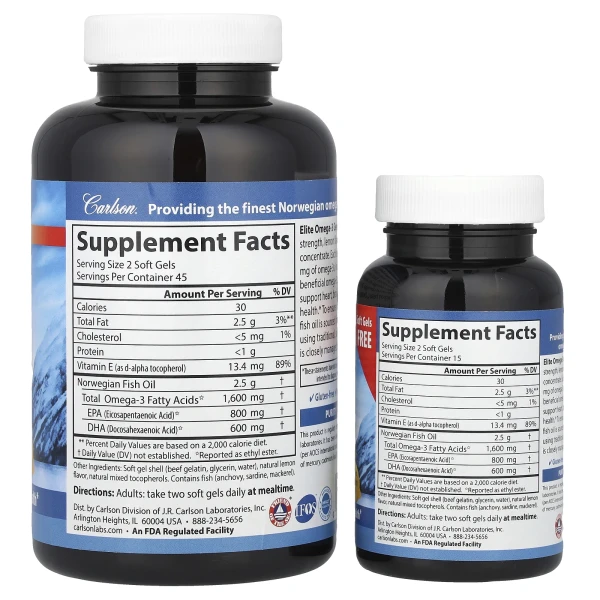 Риб'ячий жир з Oмега-3 Carlson (Elite omega-3) 1600 мг 90+30 капсул зі смаком лимона