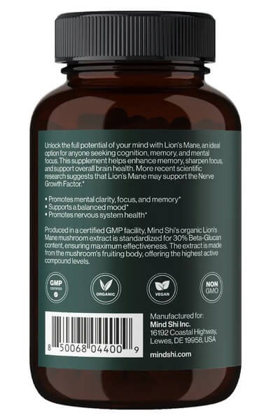 Їжовик гребінчастий 1000 мг Mind Shi (Lion's Mane Mushroom) 60 капсул