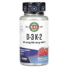 Вітаміни Д3 та K2 (Vitamin D-3 K-2) 1000 МО/45 мкг 60 таблеток зі смаком червоної малини