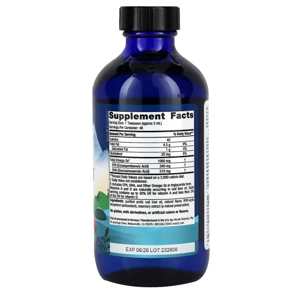 Жир печінки арктичної тріски Nordic Naturals (Arctic Cod Liver Oil) 1060 мг 237 мл зі смаком лимона