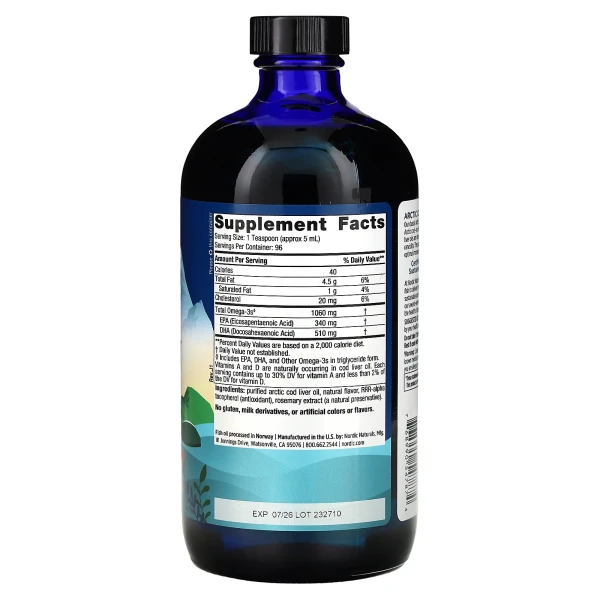 Жир печени арктической трески Nordic Naturals (Arctic Cod Liver Oil) 1060 мг 473 мл со вкусом апельсина