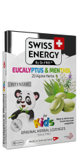 Льодяники від застуди, для дітей, Herbal Lozenges Blister 20 herbs + Eucalyptus and Menthol for kids, Swiss Energy, від кашлю, болю в горлі та закладеності носа, 20 альпійських трав, ментол та евкаліпт, 12 трав'яних льодяників