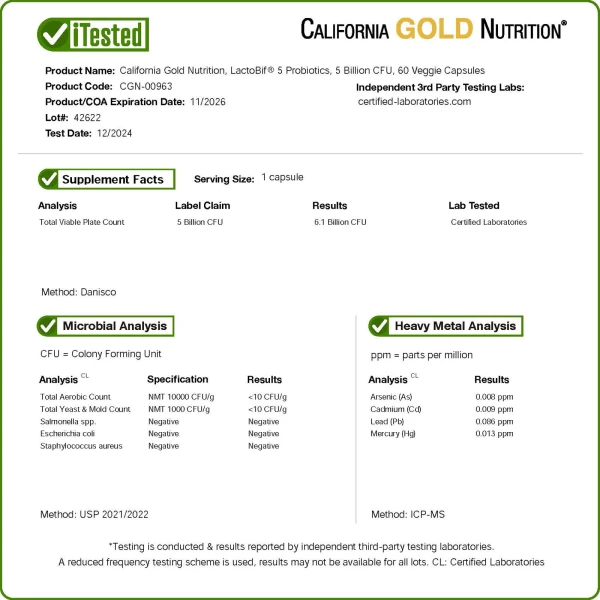 California Gold Nutrition, LactoBif® 5, пробіотики, 5 млрд КУО, 60 вегетаріанських капсул
