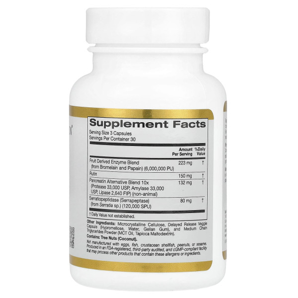 California Gold Nutrition, протеолітичні ферменти із сумішшю фруктових ферментів, рутином, альтернативною сумішшю панкреатину та серратіопептидазою, 90 рослинних капсул із відстроченим вивільненням