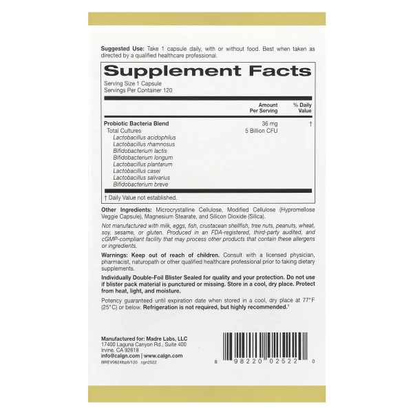 California Gold Nutrition, LactoBif® 5, пробіотики, 5 млрд КУО, 120 вегетаріанських капсул