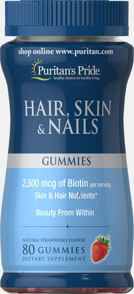 Формула для шкіри, волосся і нігтів, Hair, Skin & Nails, Puritan's Pride, зі смаком полуниці, 80 жувальних цукерок