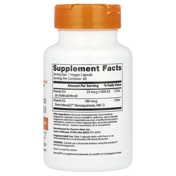 Витамин K2 Doctor's Best (Vitamin K2 MK-7 with MenaQ7 plus Vitamin D3) 180 мкг 60 капсул