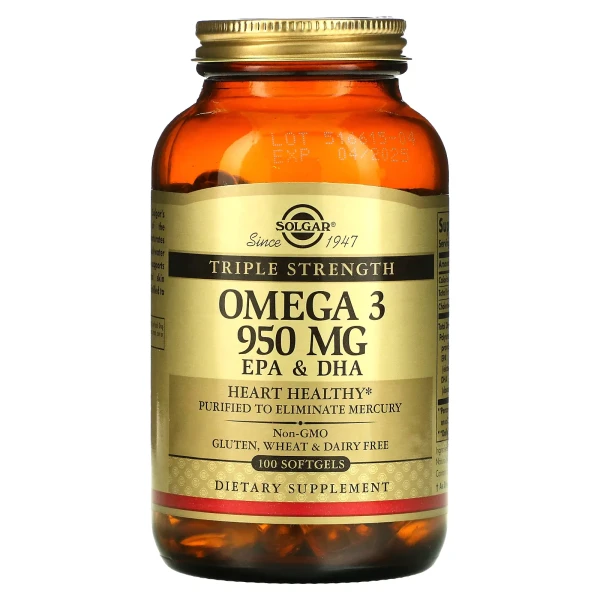Омега-3 ЕПК та ДГК потрійна концентрація Solgar (Triple Strength Omega-3) 950 мг 100 капсул