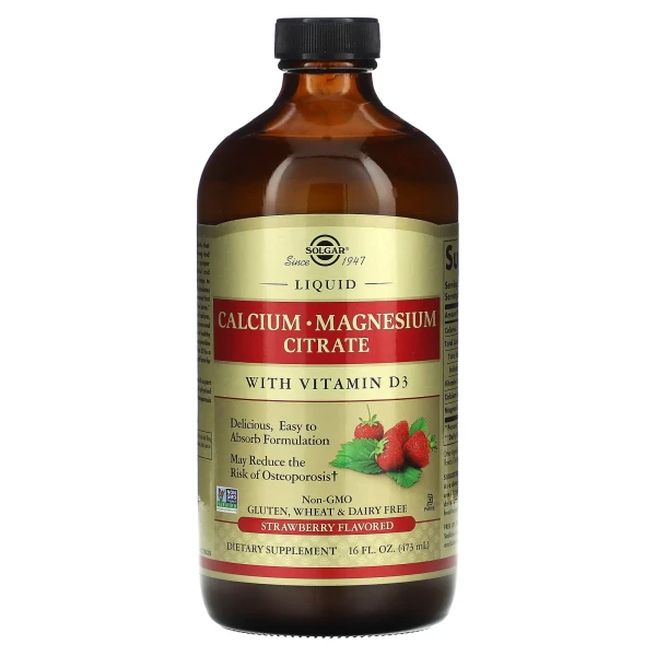 Цитрат магния и кальция с витамином D3 Solgar (Magnesium Calcium Citrate with Vitamin D3) 473 мл в жидкой форме со вкусом натуральной клубники
