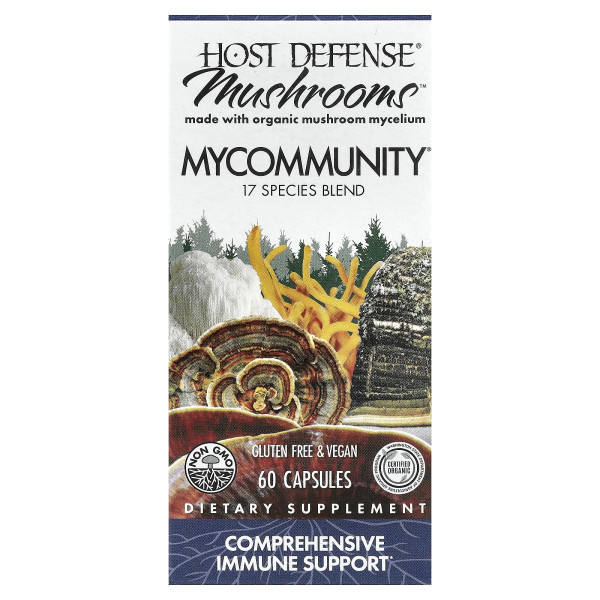Захист імунітету, MyCommunity, Fungi Perfecti, Host Defense, комплекс мультикабінів із 17 видів, 60 вегетаріанських капсул