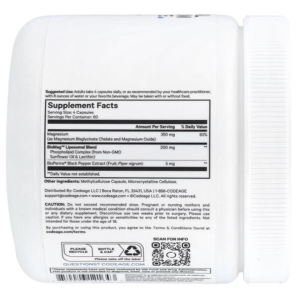 Гліцинат магнію ліпосомальний Codeage (Liposomal Magnesium Glycinate) 240 рослинних капсул