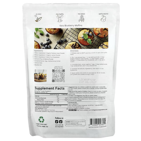 Органічний псиліум шелуха в порошку Micro Ingredients (Organic Psyllium Husk Powder) 907 г
