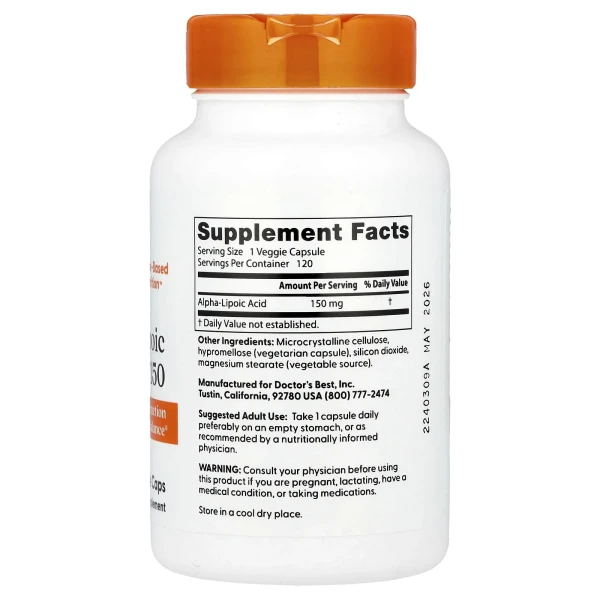 Альфа-ліпоєва кислота Doctor's Best (Alpha-lipoic acid) 150 мг 120 капсул