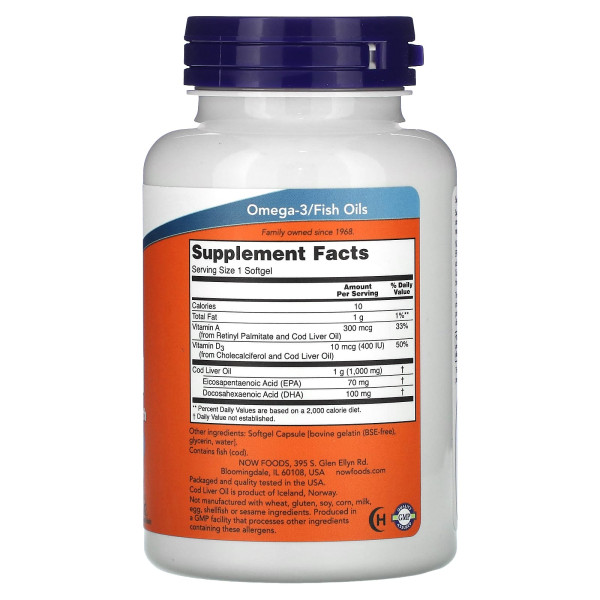 Рыбий жир из печени трески Now Foods (Cod Liver Oil) 1000 мг 90 капсул