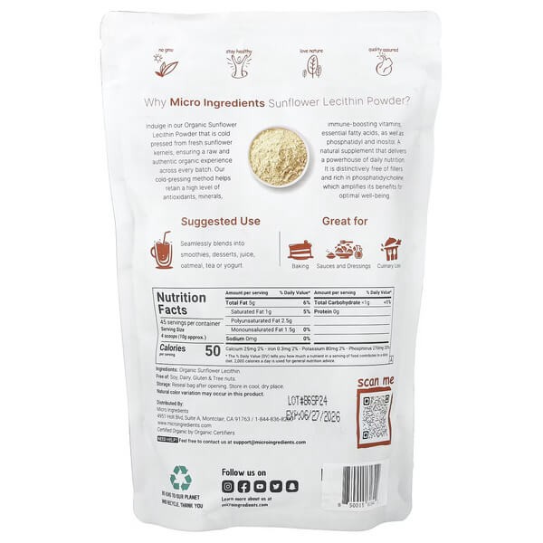 Органічний соняшниковий лецитин в порошку Micro Ingredients (Organic Sunflower Lecithin Powder) 454 г