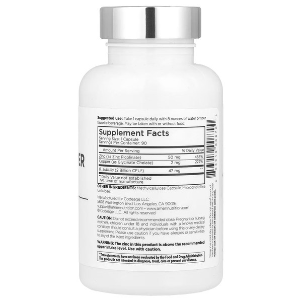 Цинк та мідь з пробіотиками Codeage (Amen Zinc/Copper + Probiotics) 90 рослинних капсул