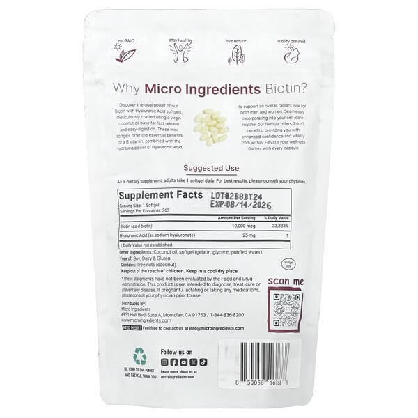 Біотин з гіалуронoвою кислотою Micro Ingredients (Biotin with Hyaluronic Acid) 365 рідких капсул