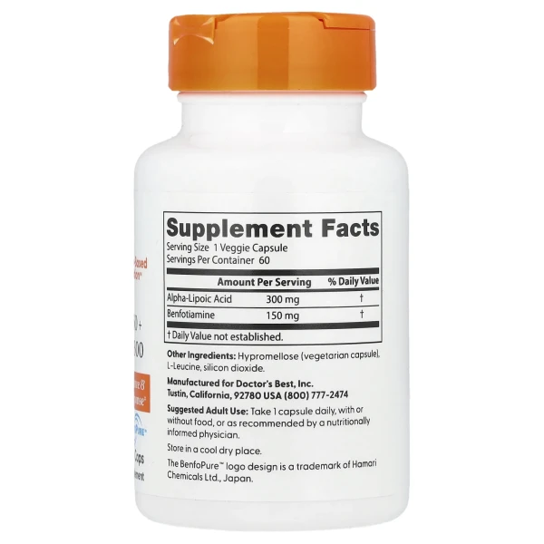 Альфа-ліпоєва кислота + бенфотіамін Doctor's Best (Benfotiamine + Alpha-lipoic acid) 300 мг/150 мг 60 капсул