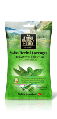 Льодяники від застуди, Herbal Lozenges Bag 20 herbs + Eucalyptus and Menthol, Swiss Energy, від кашлю, болю в горлі та закладеності носа, 20 альпійських трав, ментол та евкаліпт, 12 трав'яних льодяників (55 г)