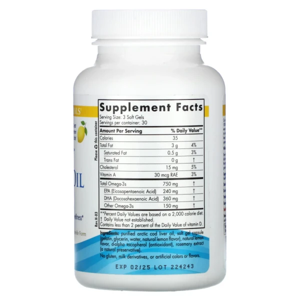 Масло печени арктической трески Nordic Naturals (Arctic cod liver oil) 1000 мг 90 капсул со вкусом лимона