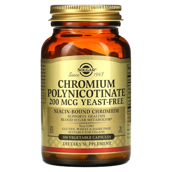 Хром полиникотинат без дрожжей Solgar (Chromium polynicotinate yeast-free) 200 мкг 100 капсул