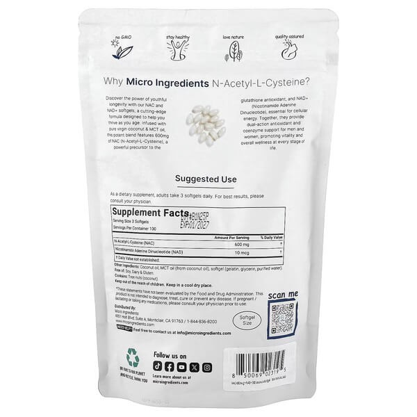 Ацетилцистеїн з НАД+ Micro Ingredients (NAC With NAD+) 300 рідких капсул