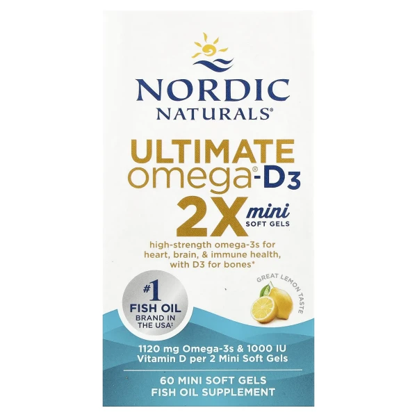Риб'ячий жир міні з вітаміном Д Nordic Naturals (Ultimate Omega 2X mini) 1120 мг/1000 МО 60 капсул зі смаком лимона