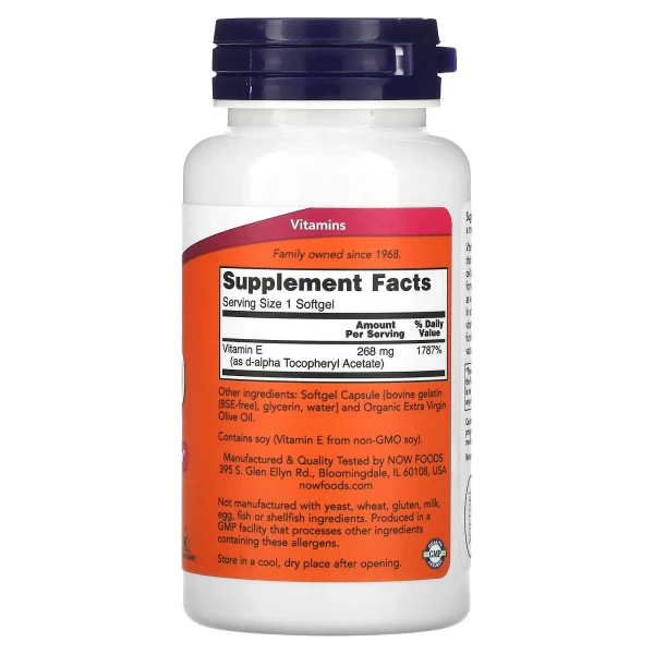 Вітамін Е d-альфа-токоферилацетат Now Foods (Natural Vitamin E) 400 МО 100 капсул