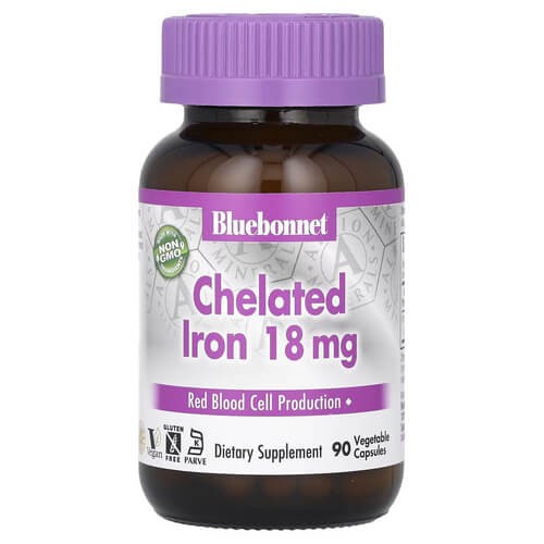 Залізо хелатне 18 мг Bluebonnet (Chelated Iron) 90 рослинних капсул