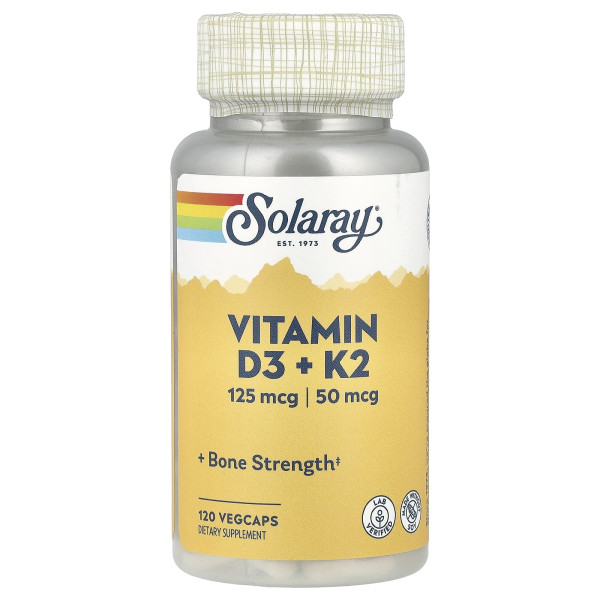 Вітаміни D3 і K2 без сої Solaray (Vitamins D3 & K2) 120 вегетаріанських капсул