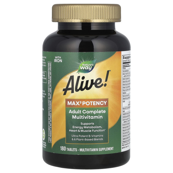 Nature's Way, Alive!, Комплексні мультивітаміни для дорослих із залізом Max3 Potency, 180 таблеток