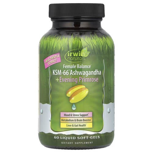 Ашвагандха KSM-66 с вечерней примулой Irwin Naturals (Ashwagandha + Evening Primrose) 60 жидких капсул