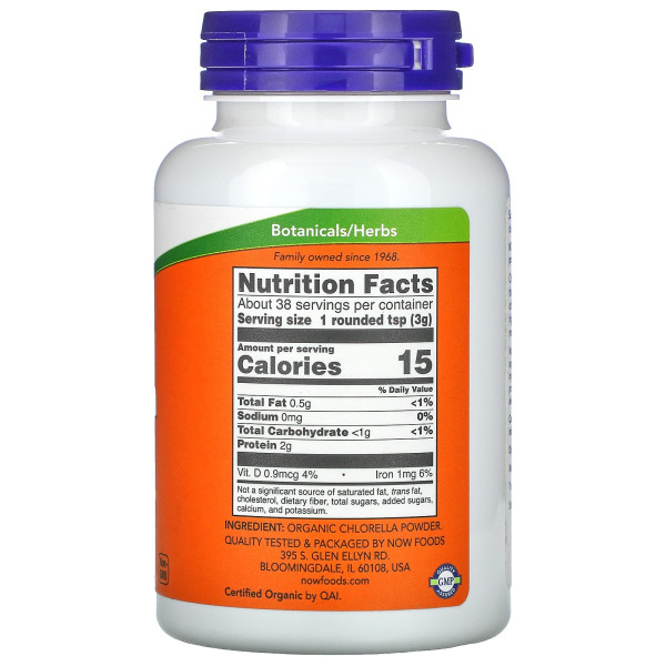 NOW Foods, сертифікована органічна хлорела, чистий порошок, 113 г