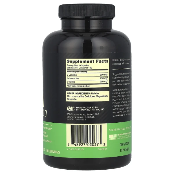 Optimum Nutrition, BCAA 1000, 200 капсул (500 мг у капсулі)