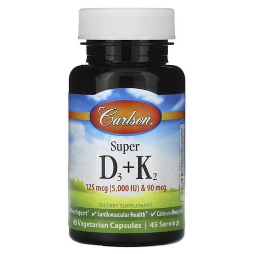 Витамин D3+K2 5000 МЕ/90 мкг Carlson (Super D3+K2) 45 растительных капсул