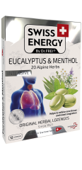 Льодяники від застуди, Herbal Lozenges Blister 20 herbs + Eucalyptus and Menthol, Swiss Energy, від кашлю, болю в горлі та закладеності носа, 20 альпійських трав, ментол та евкаліпт, 12 трав'яних льодяників