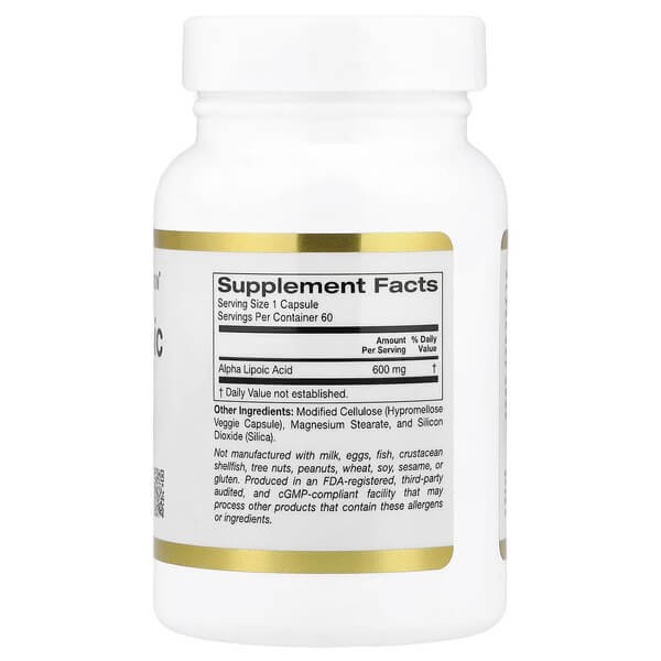 Альфа-липоевая кислота 600 мг California Gold Nutrition (Alpha Lipoic Acid) 60 растительных капсул