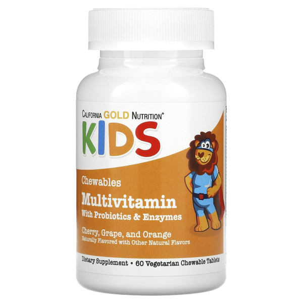 Детские жевательные мультивитамины California Gold Nutrition (Kids Chewable Multivitamins) 60 вегетарианских таблеток с пробиотиками, ферментами, витаминами A и C со вкусом фруктового ассорти