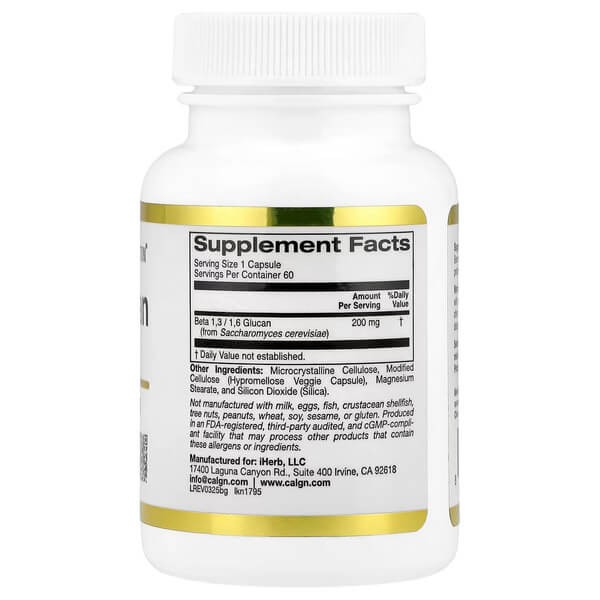 Бета-глюкан 200 мг Калифорния Gold Nutrition (Beta Glucan 1-3, 1-6) 60 растительных капсул