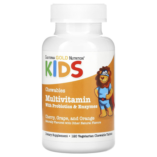 Детские жевательные мультивитамины California Gold Nutrition (Kids Chewable Multivitamins) 120 вегетарианских таблеток с пробиотиками, ферментами, витаминами A и C со вкусом фруктового ассорти